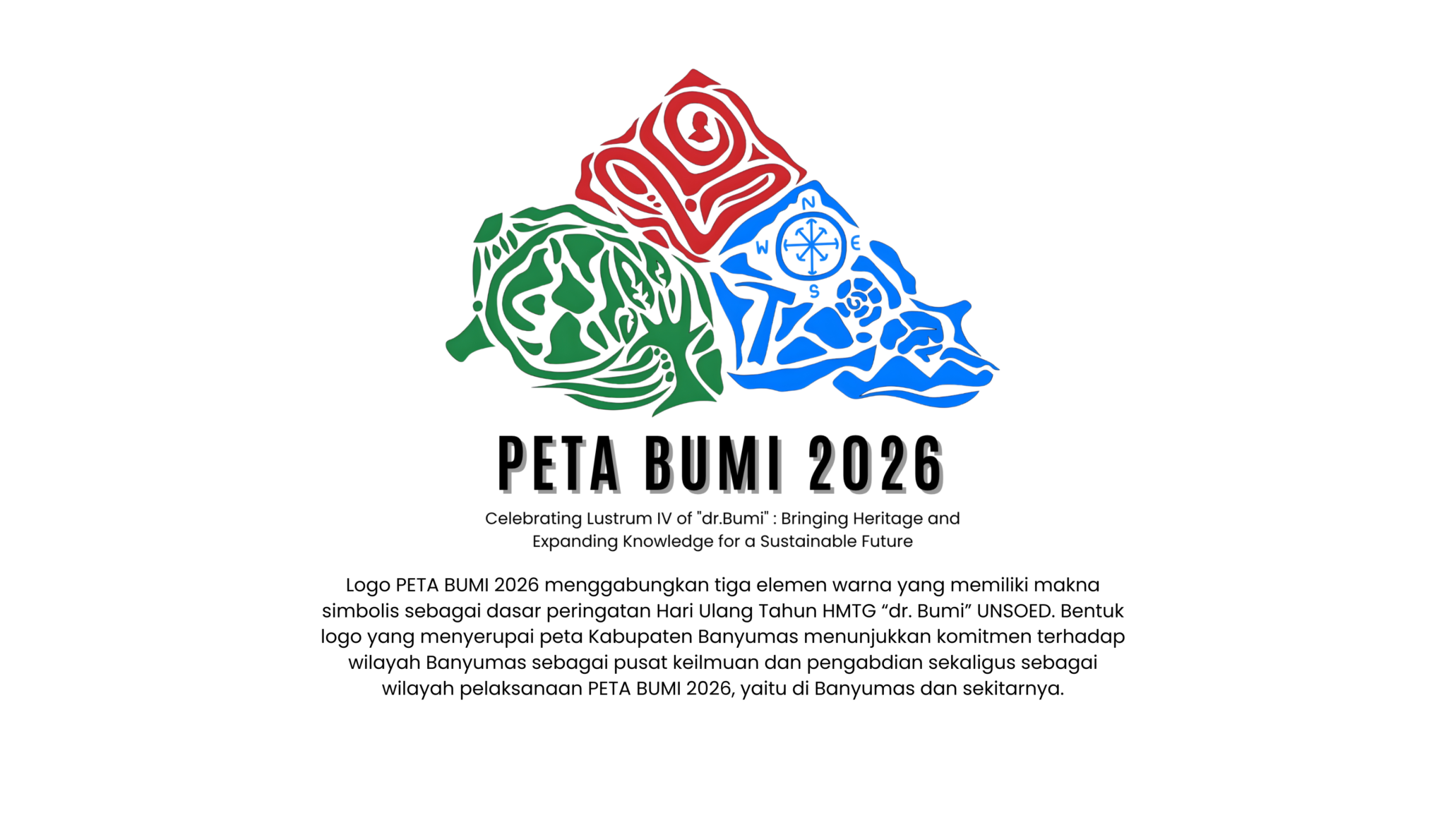logo peta bumi 2026 menggabungkan tiga elemen warna yang memiliki makna simbolis sebagai dasar peringatan hari ulang tahun hmtg “dr. bumi” unsoed. bentuk logo yang menyerupai peta kabupaten banyum
